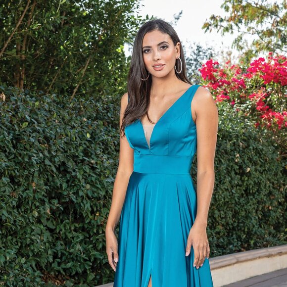 New A-Line Satin Fashionable Dress w/ Illusion Plunging Neck & V-Back DQ 4304A - Picture 1 of 9